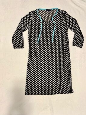 Jones New York Black and White Printed Swim Coverup with Turquoise Drawcord